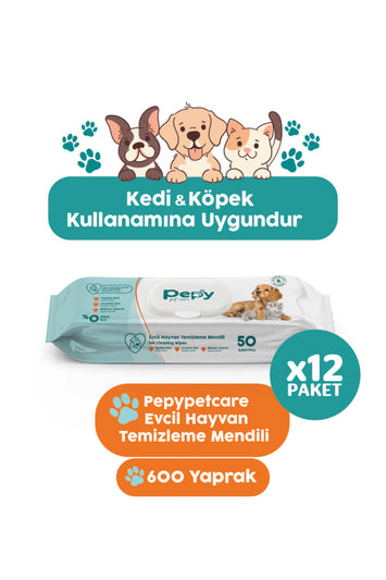 Kedi Ve Köpek Kullanımına Uygun Evcil Hayvan Temizleme Mendili 12 paket 600 Adet