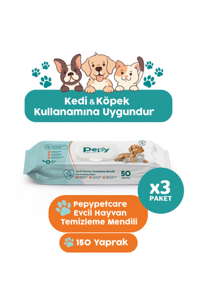 Kedi Ve Köpek Kullanımına Uygun Evcil Hayvan Temizleme Mendili 3 paket 150 Adet