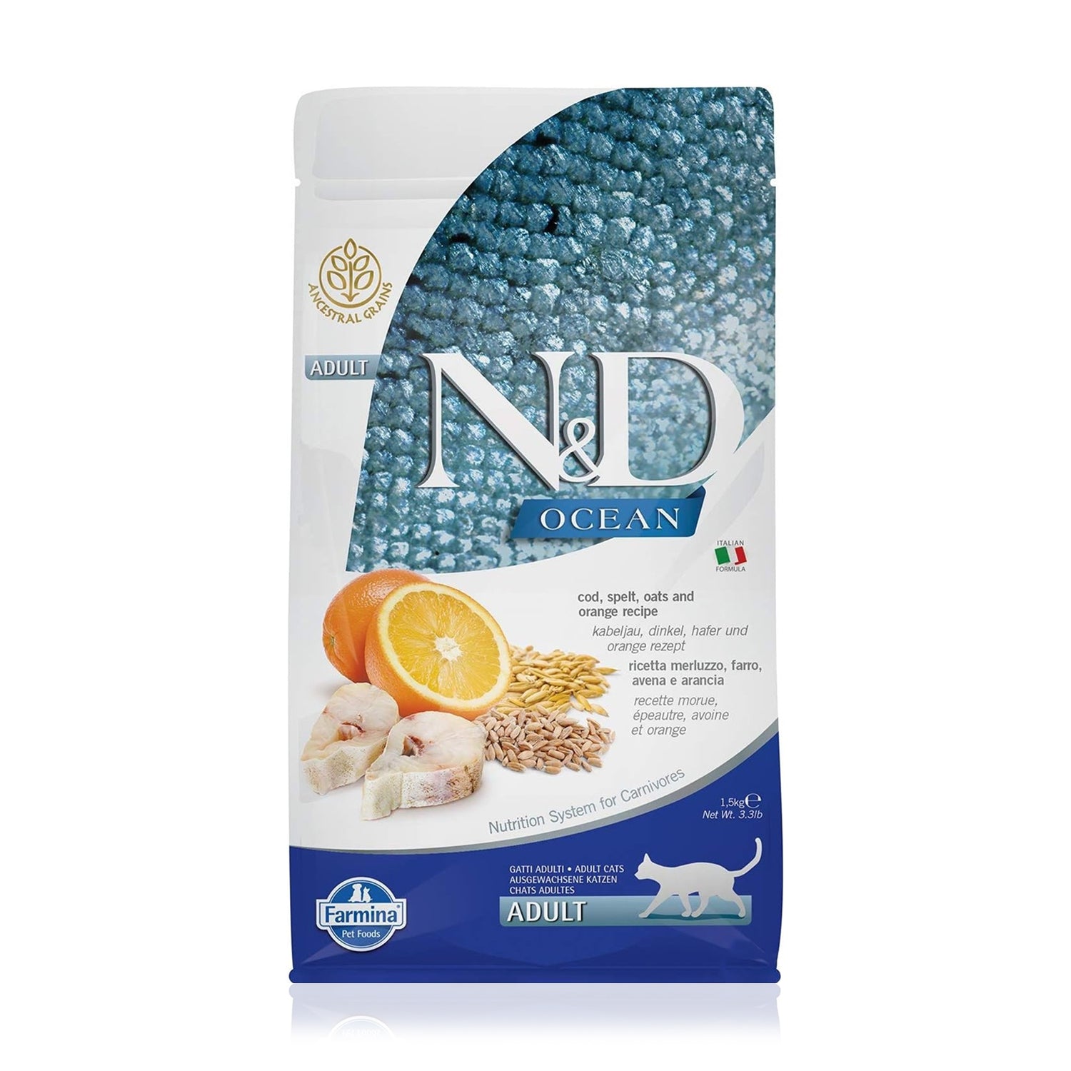N&D Az Tahıllı Morina Balıklı Portakallı Yetişkin Kedi Maması 1.5 Kg