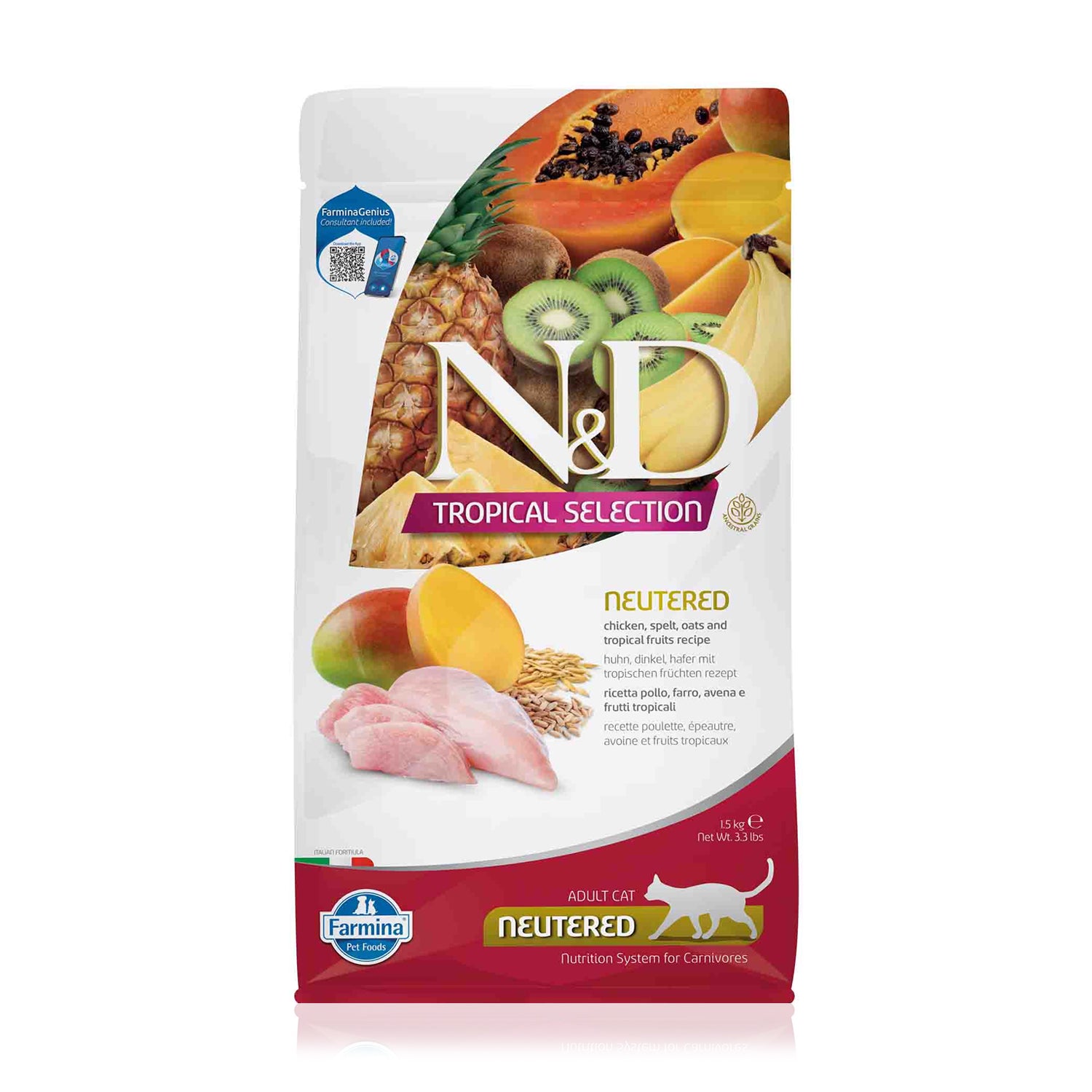 N&D Az Tahıllı Tavuk Etli Tropik Meyveli Kısırlaştırılmış Yetişkin Kedi Maması 1.5 Kg